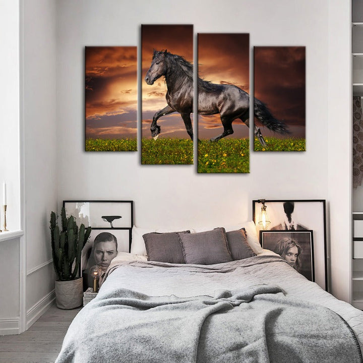 4 stk Løpende svart hest - lerret veggkunst maleri | Skanto