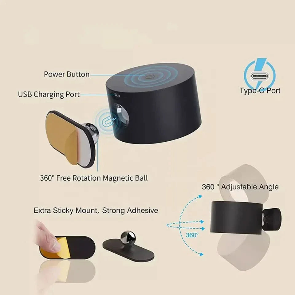 Skanto | 360° Vegglampe – Trådløs, USB oppladbar & 3 lysnivåer for fleksibel belysning