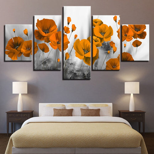 5 stk. orange blomster - lerret veggkunst maleri | Skanto