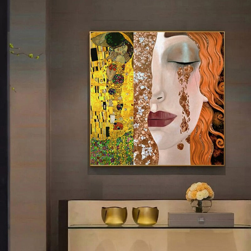 Gustav Klimt Gyldne tårer og kyss jente - Lerret veggkunst maleri