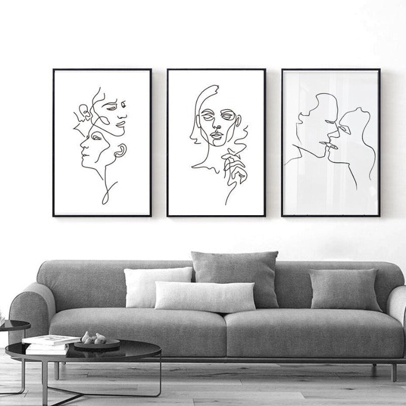 Abstract Love Kiss Svart og Hvit Linjer Plakat - Lerret Vegkunst Maleri | Skanto