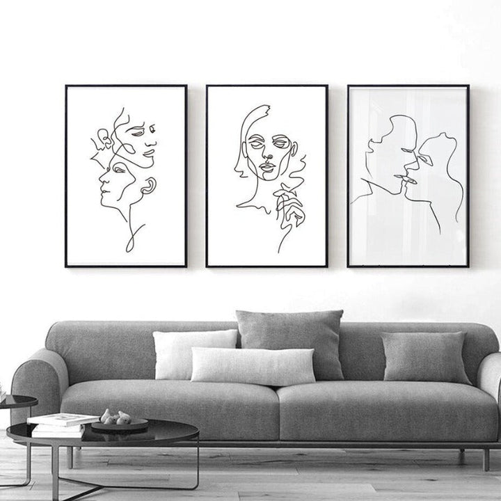 Abstract Love Kiss Svart og Hvit Linjer Plakat - Lerret Vegkunst Maleri | Skanto
