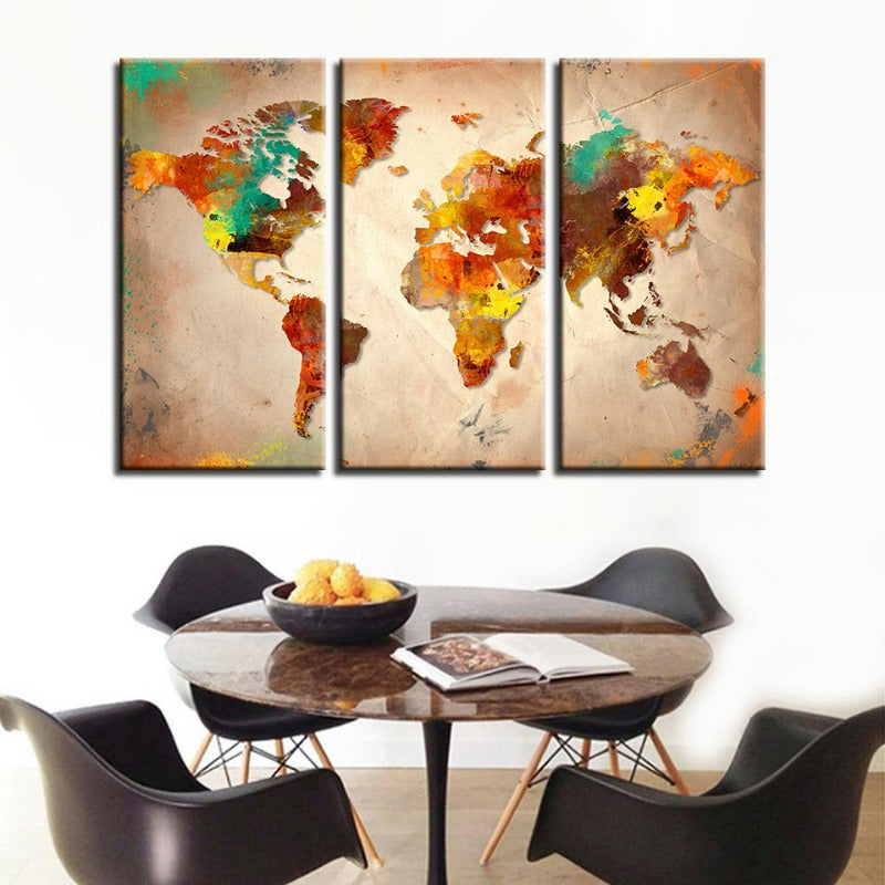 Vakker abstrakt flerfarget verdenskart - lerret veggkunst maleri 3 stykker | Skanto