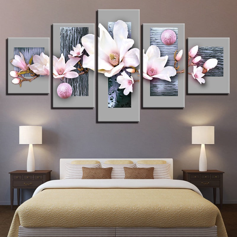 5 stk Blå Tre Bakgrunn Rosa Farge Blomst - Lerret Vegg Kunst Maling | Skanto