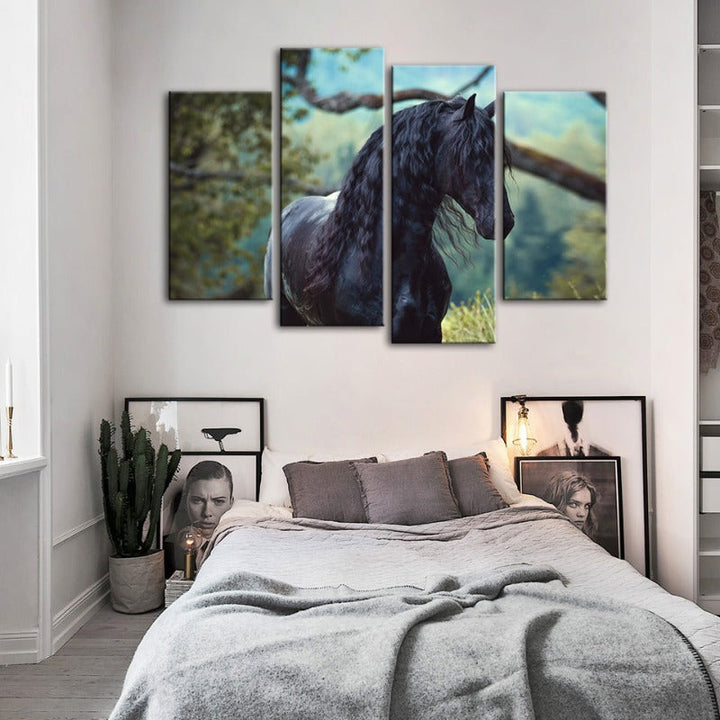 4 Piece Black Horse in Forest Canvas Wall Art Painting | Skanto