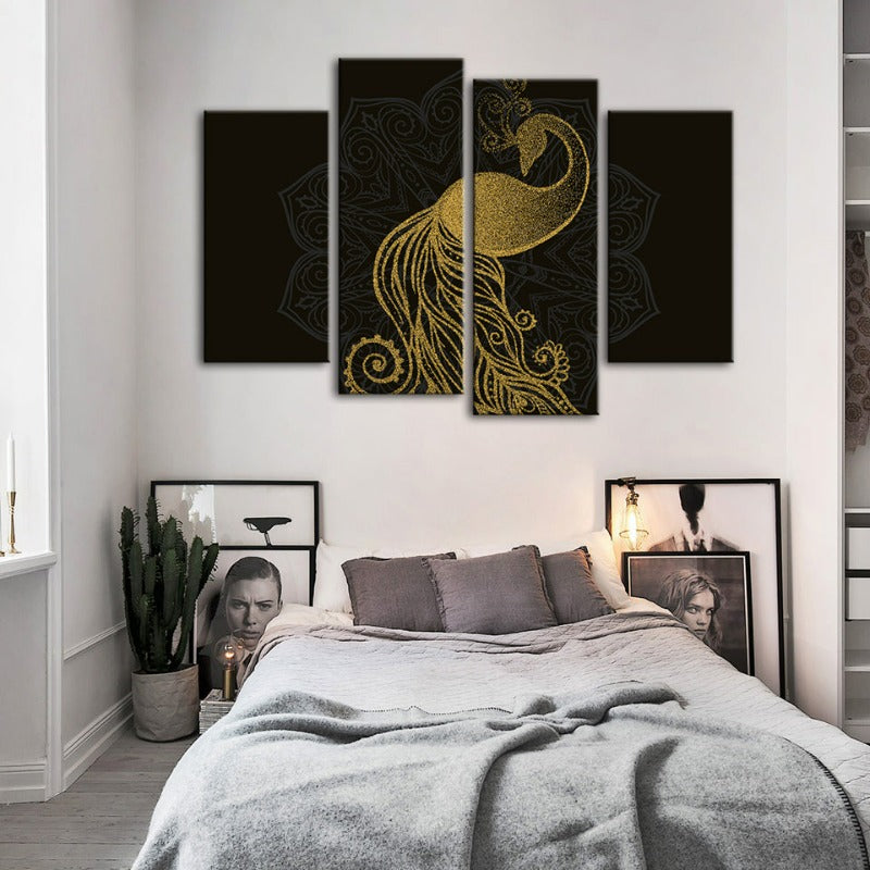 Abstract Golden Mandala Påfugl Lærred Veggkunst Maleri 4 Deler | Skanto