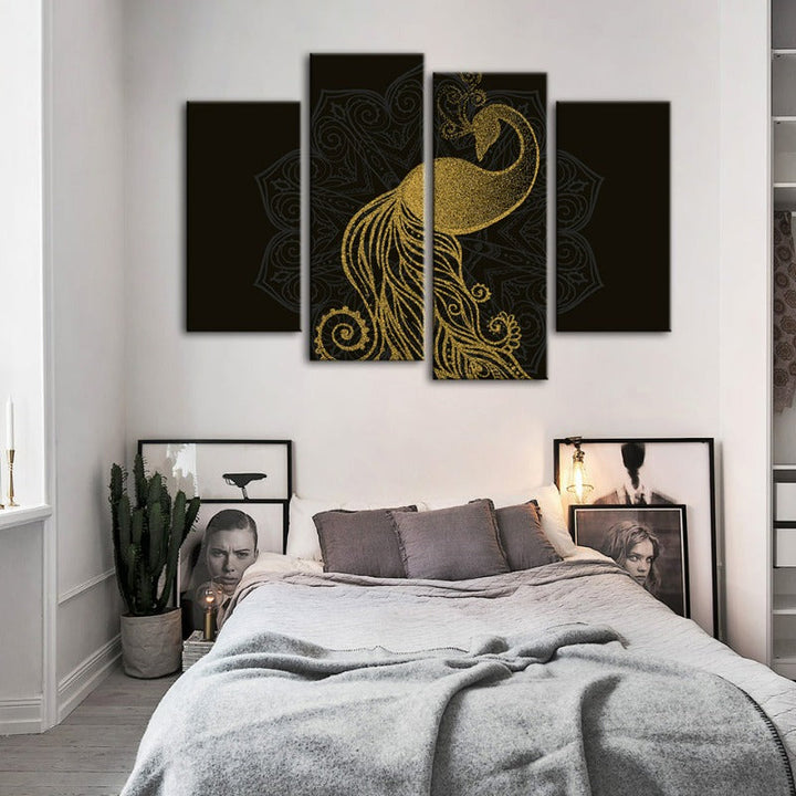 Abstract Golden Mandala Påfugl Lærred Veggkunst Maleri 4 Deler | Skanto