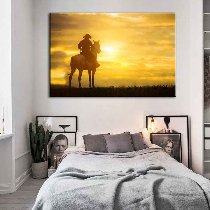 En cowboy og hans hest - Lerret veggkunst maleri | Skanto