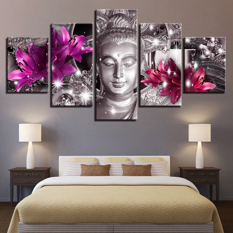 5-delte Buddha med lilla og rosa tulipaner - lerret veggkunst maleri | Skanto