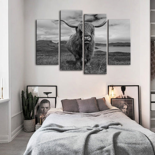 4-Piece Stylish Black and White Cow Canvas Wall Art Painting | Skanto