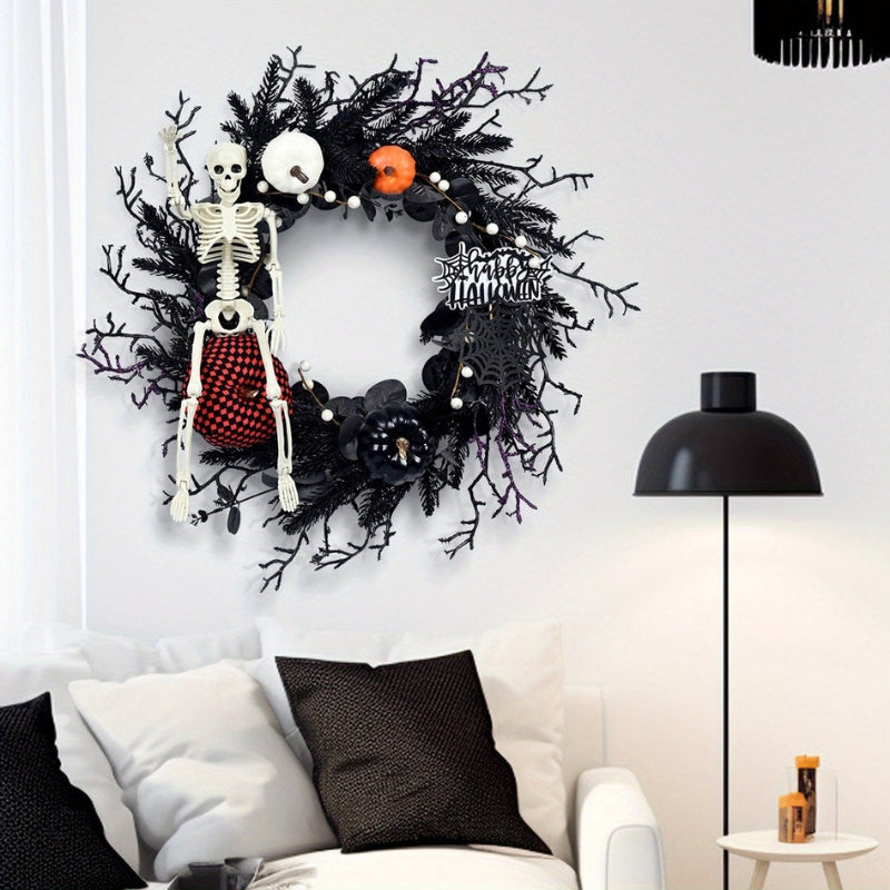 Skanto | Halloween Dørkrans med Skjelett og Gresskar – Stemningsfull Sesongdekorasjon
