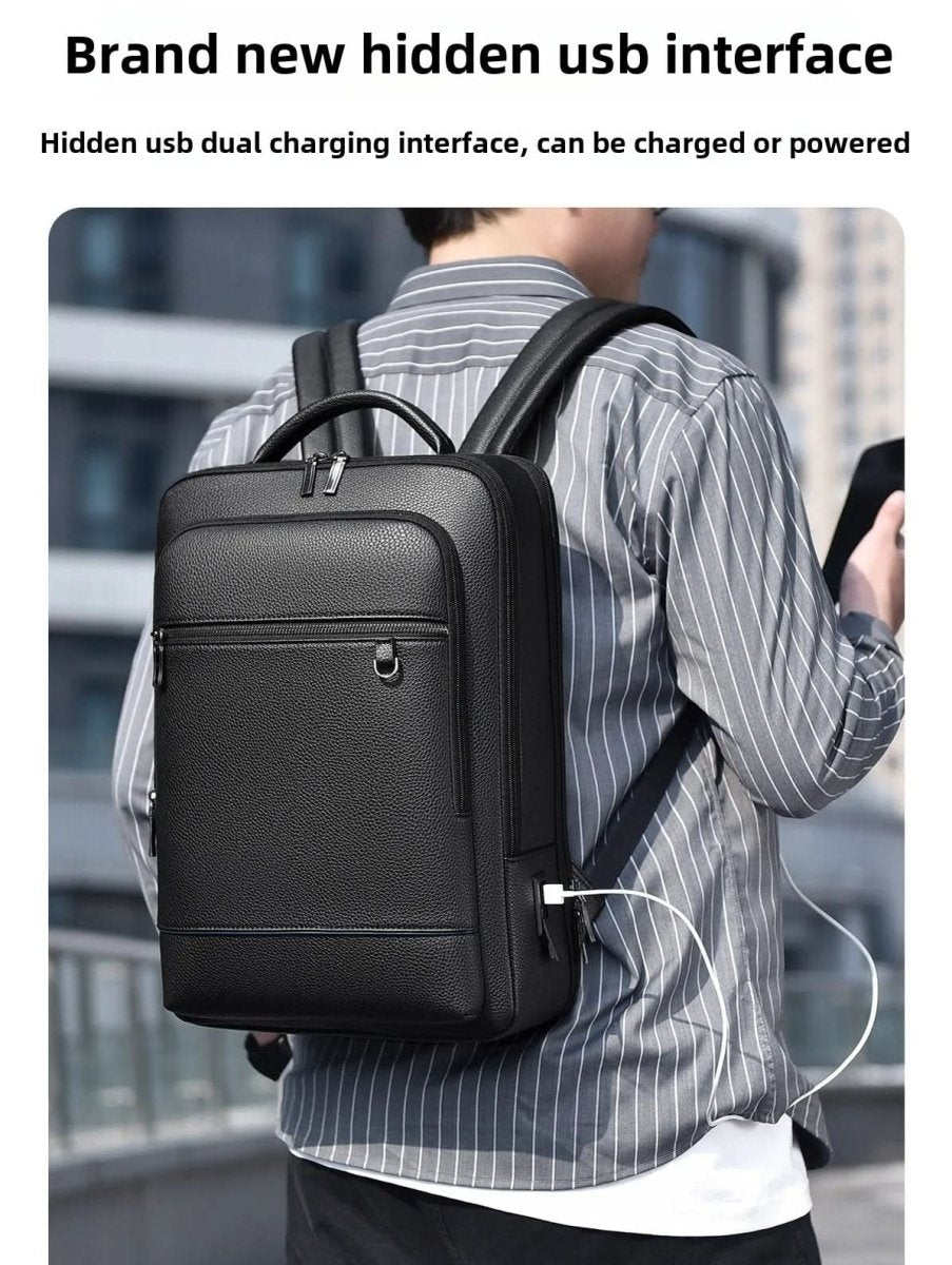 Skanto | Elegant lær ryggsekk for menn/kvinner med USB-port for laptop og hverdagsbruk, 15,6 tommer, svart