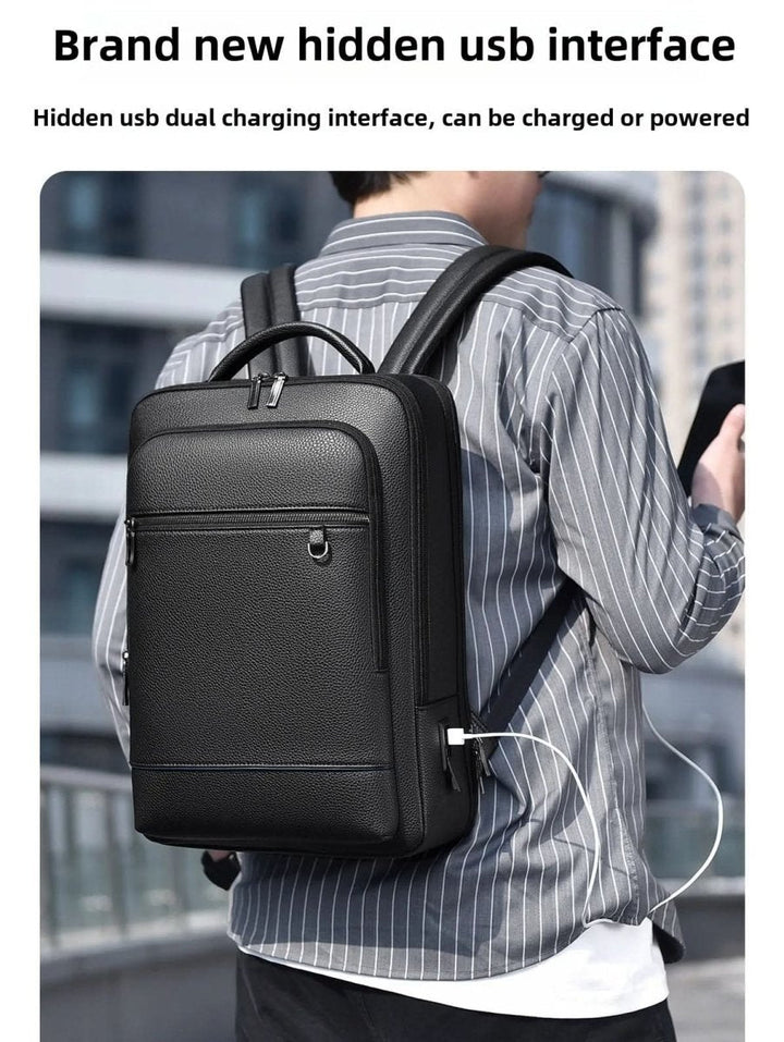 Eleganter Lederrucksack for Damen og Herren med USB-anschluss for laptop og täglichen bruk, 15,6 Zoll, schwarz