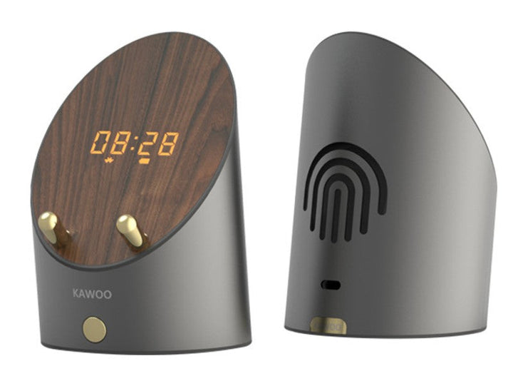 Skanto | Trådløs induksjon Bluetooth skrivebord mini høyttaler, med klokke, alarm, telefonholder, ingen Bluetooth-tilkobling kreves