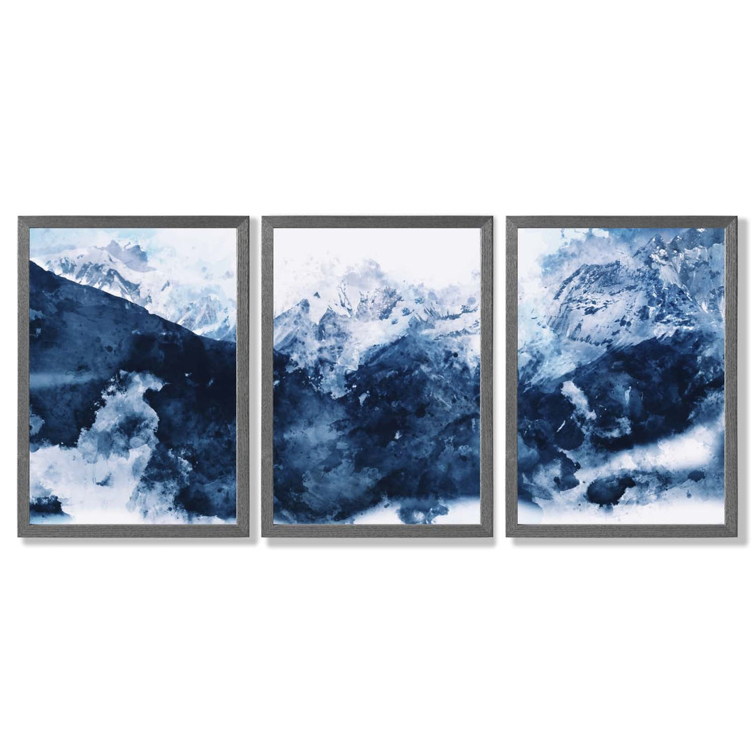 Abstrakte marineblå fjell, sett med 3 innrammede kunsttrykk