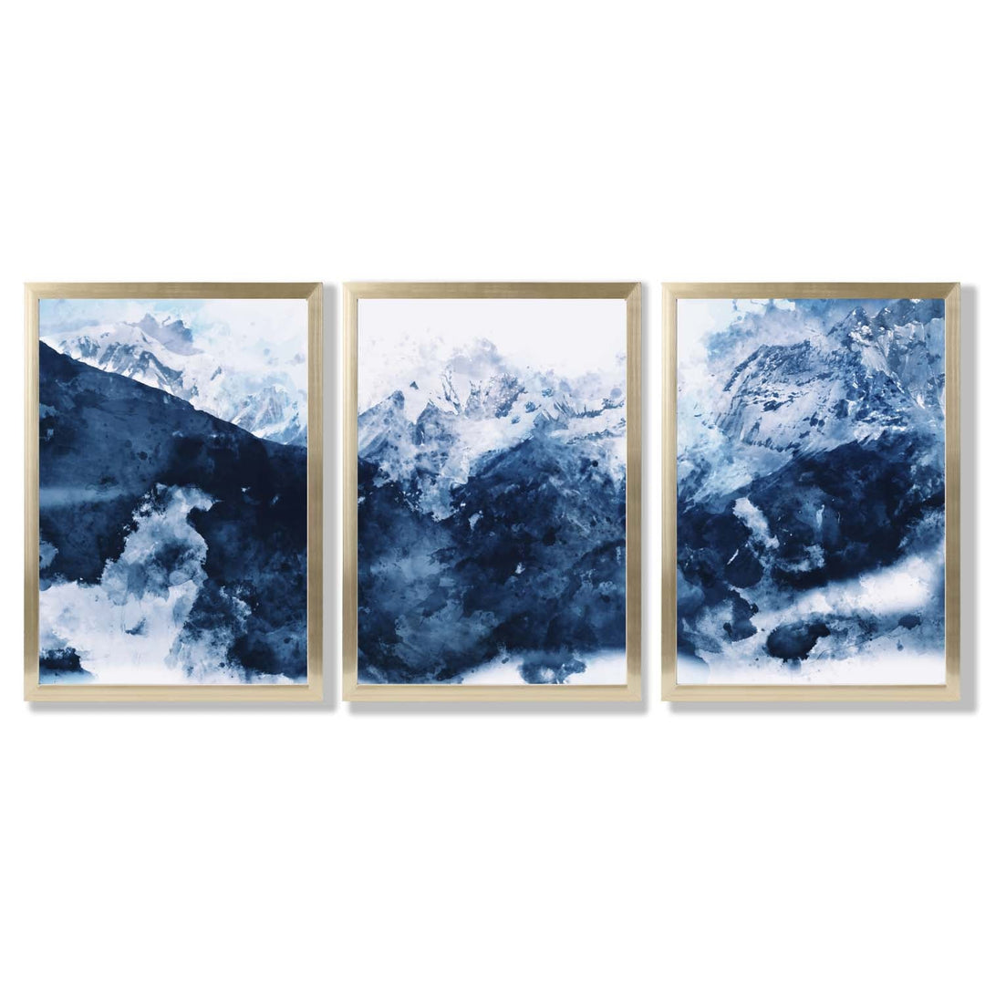 Abstrakte marineblå fjell, sett med 3 innrammede kunsttrykk