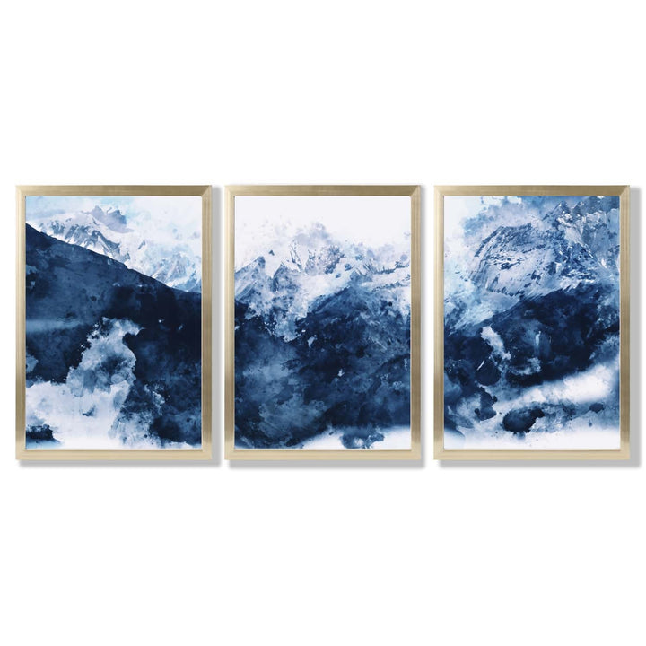 Abstrakte marineblå fjell, sett med 3 innrammede kunsttrykk