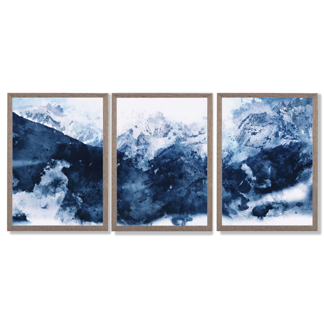 Abstrakte marineblå fjell, sett med 3 innrammede kunsttrykk