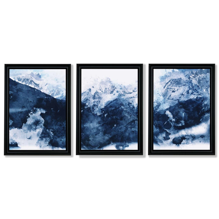 Abstrakte marineblå fjell, sett med 3 innrammede kunsttrykk