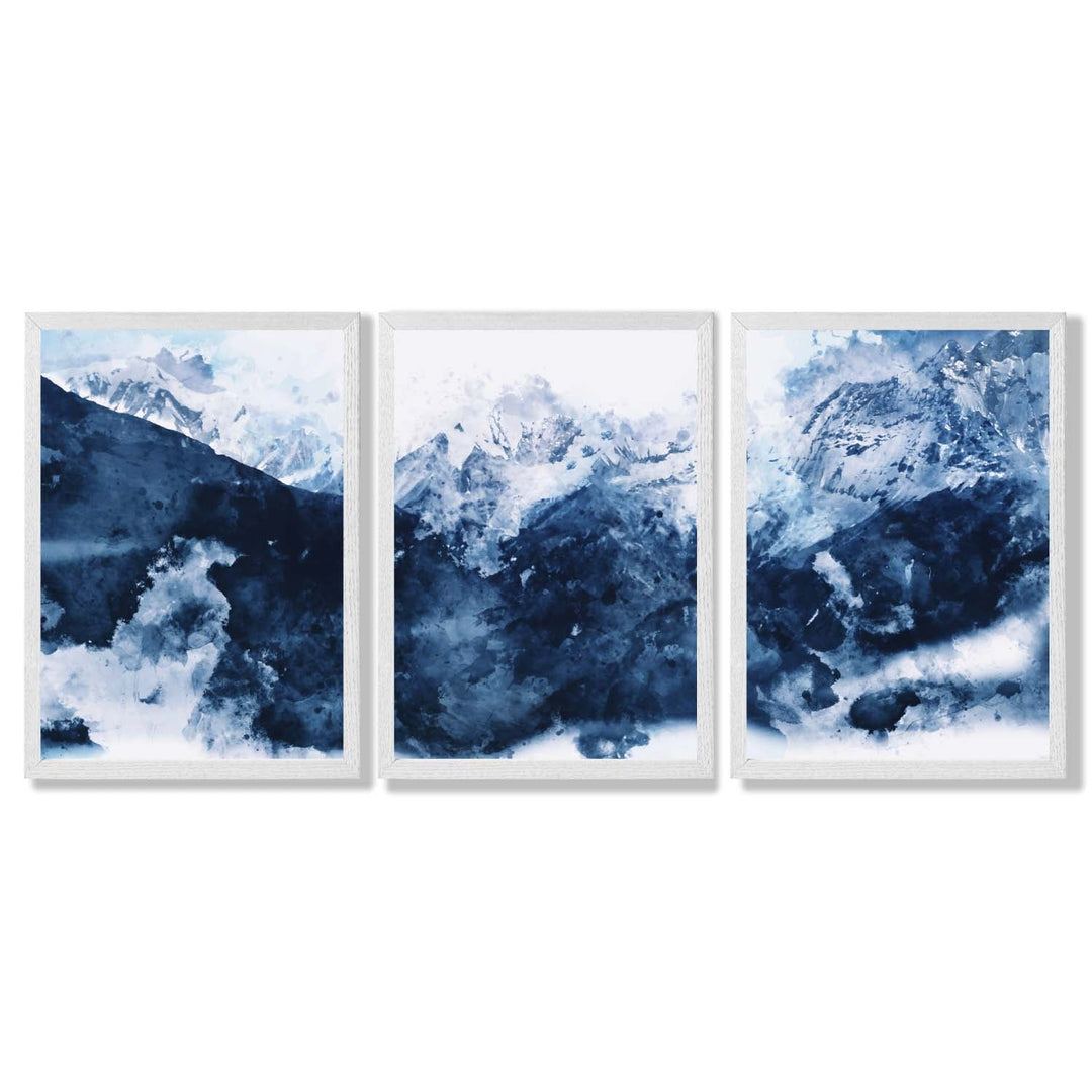 Abstrakte marineblå fjell, sett med 3 innrammede kunsttrykk