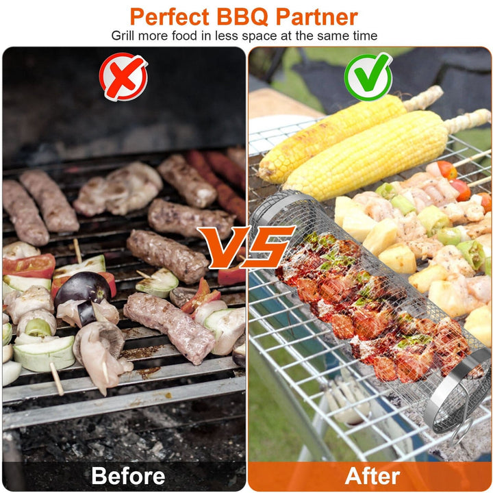 Skanto | 2-delt: Bærbar BBQ Rullende Kurv Rund Rustfritt Stål Grill