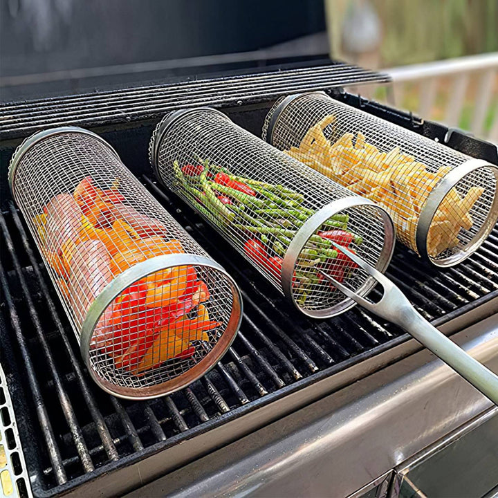 Skanto | 2-delt: Bærbar BBQ Rullende Kurv Rund Rustfritt Stål Grill