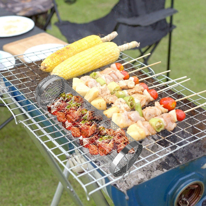 Skanto | 2-delt: Bærbar BBQ Rullende Kurv Rund Rustfritt Stål Grill