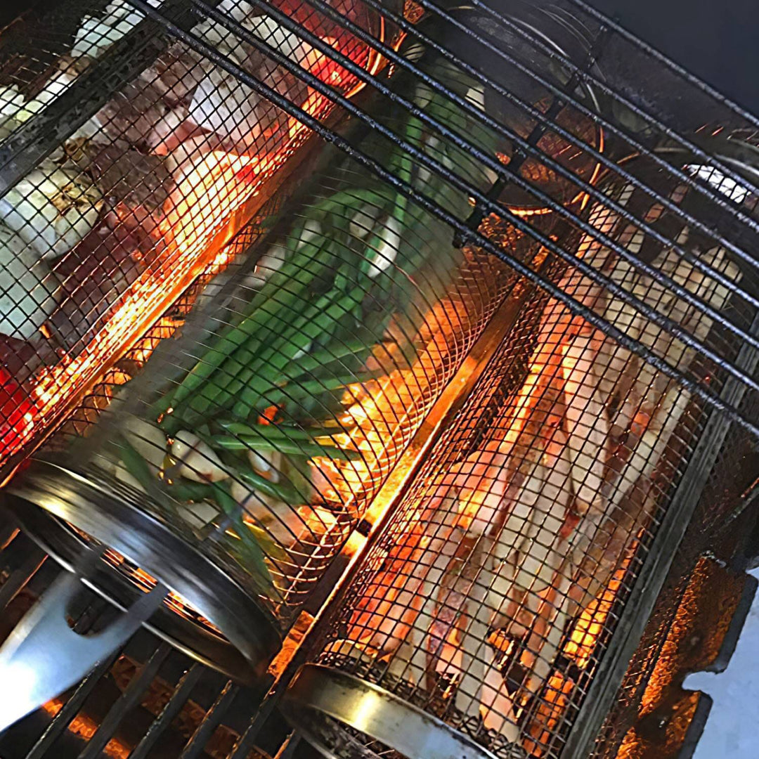 Skanto | 2-delt: Bærbar BBQ Rullende Kurv Rund Rustfritt Stål Grill