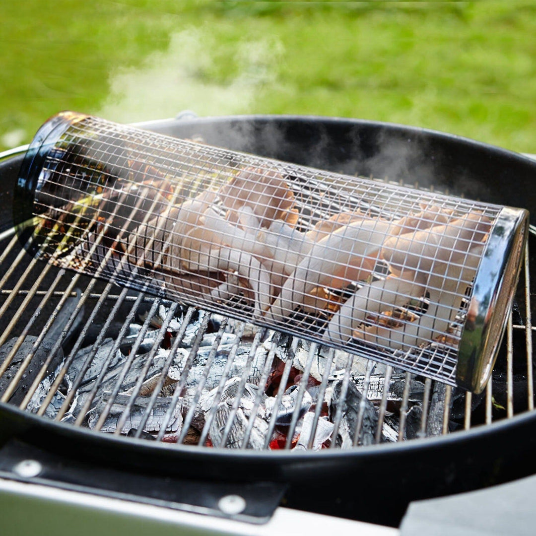 Skanto | 2-delt: Bærbar BBQ Rullende Kurv Rund Rustfritt Stål Grill