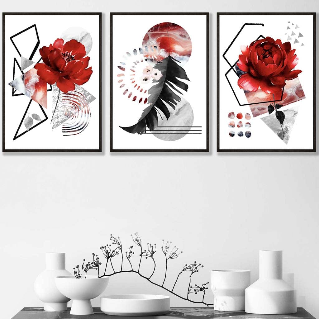 Abstrakt, rødt og svart botanisk sett med 3 innrammede veggkunstverk