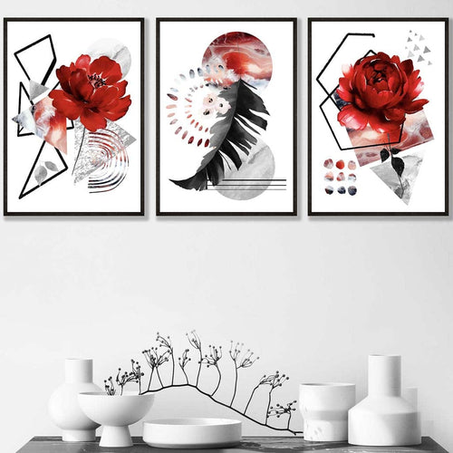 Abstrakt, rødt og svart botanisk sett med 3 innrammede veggkunstverk