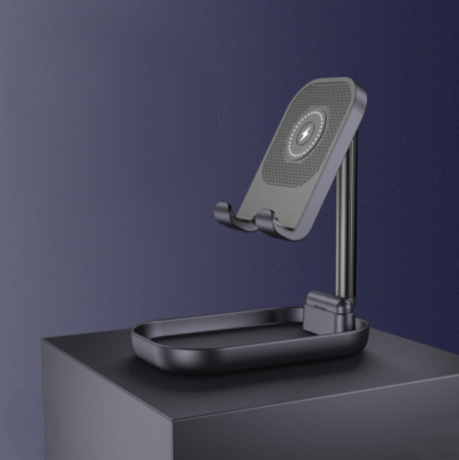 Skanto | Sammenleggbar og Justerbar Telefonholder med 10W Trådløs Hurtiglading, Opptil 25,8 cm, Lampe, Antiskli Panel, Mini Hylle, Passende for Telefoner og Nettbrett