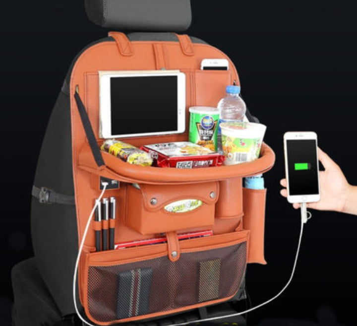 Skanto | Multifunksjonell Bilstolback Stor Kapasitet Lagringspose med 4 USB Ladeporter, Utrekkbar Brett, Tablettholder, Tissue Oppbevaring, Drikkeholder, Stor Lagringspose og Mer