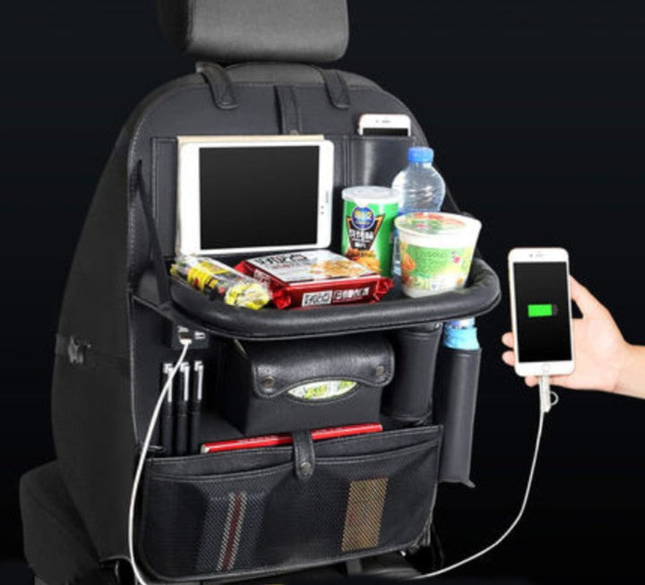 Skanto | Multifunksjonell Bilstolback Stor Kapasitet Lagringspose med 4 USB Ladeporter, Utrekkbar Brett, Tablettholder, Tissue Oppbevaring, Drikkeholder, Stor Lagringspose og Mer