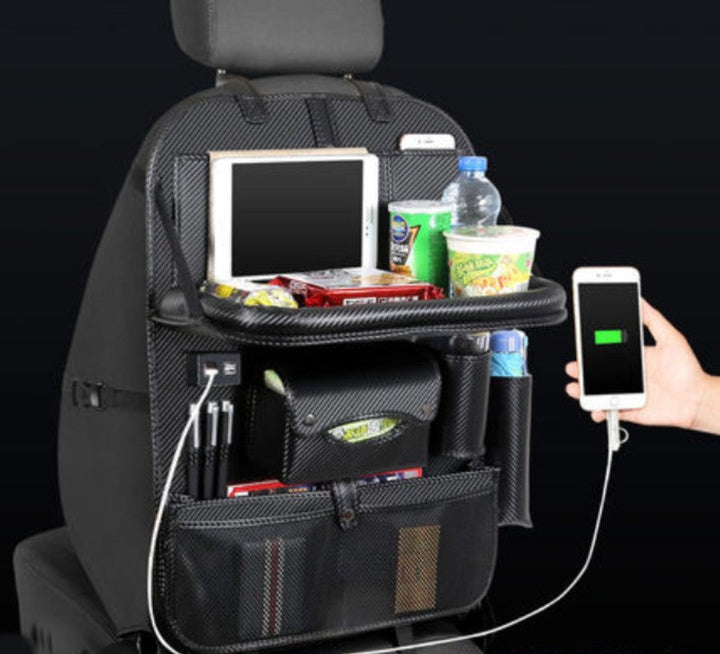 Skanto | Multifunksjonell Bilstolback Stor Kapasitet Lagringspose med 4 USB Ladeporter, Utrekkbar Brett, Tablettholder, Tissue Oppbevaring, Drikkeholder, Stor Lagringspose og Mer