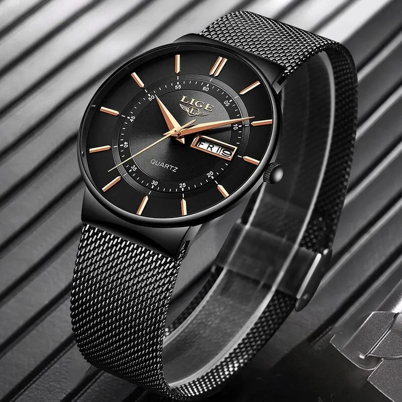 Skanto | Luksus Men’s Ultra-Tynn Vanntett Rustfritt Stål Quartz Klokke – Elegant Dato Display Sport Armbåndsure