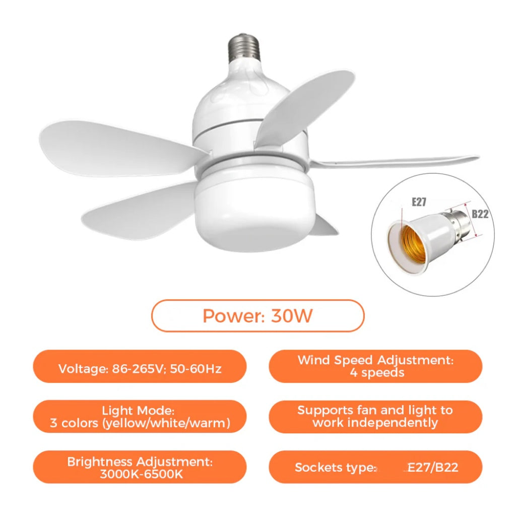 2-i-1 LED Taklampe Vifte med Fjernkontroll, E27/B22 Base | Skanto