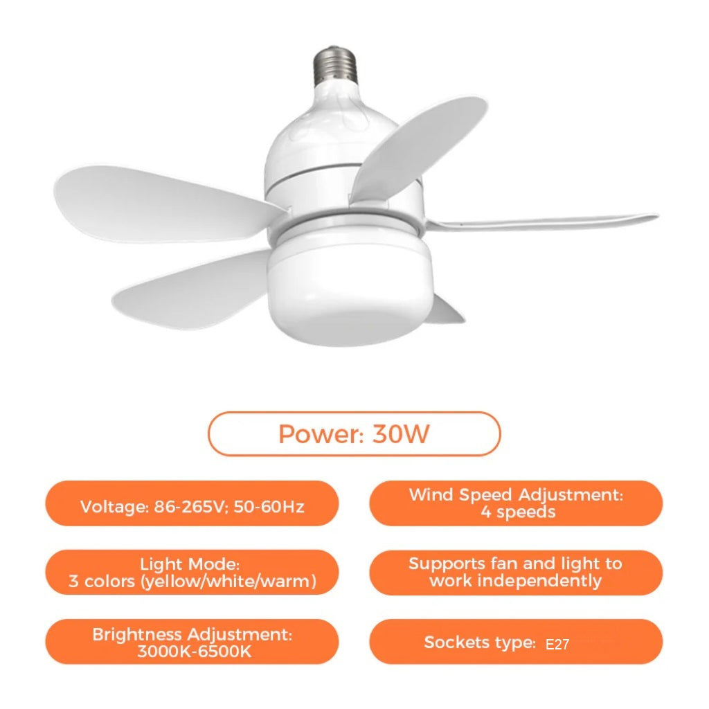 2-i-1 LED Taklampe Vifte med Fjernkontroll, E27/B22 Base | Skanto