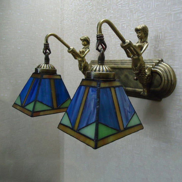 Trapes vegglampe, Tiffany bronseskåret glassvegglampe med havfruearm