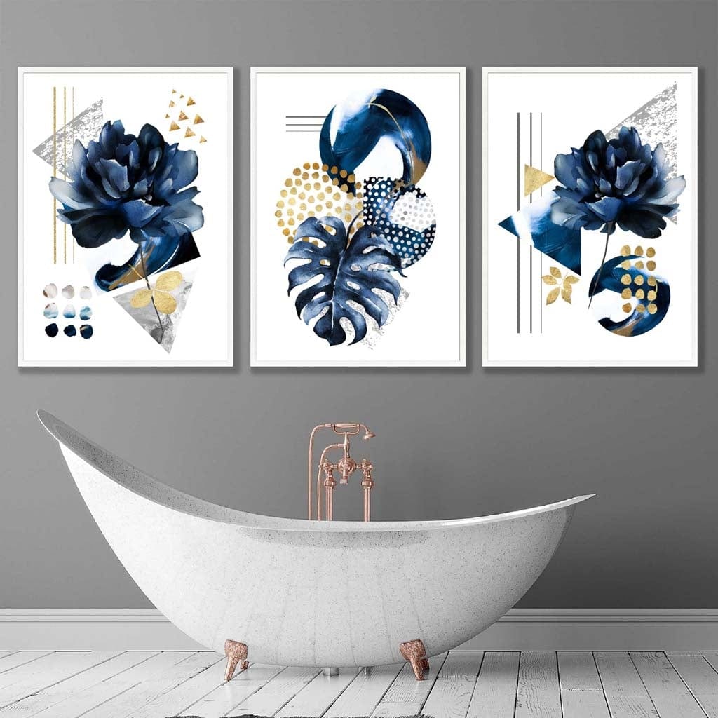 Abstrakt geometrisk blomstermønster i marineblått og gull, sett med 3 veggkunstverk