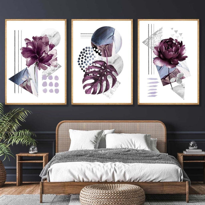 Moderne sett med 3 veggkunstverk med lilla og sølvgrå blomstermotiver