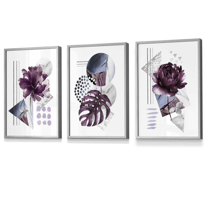 Abstrakt, lilla og sølvgrå blomsterveggkunst med rammer