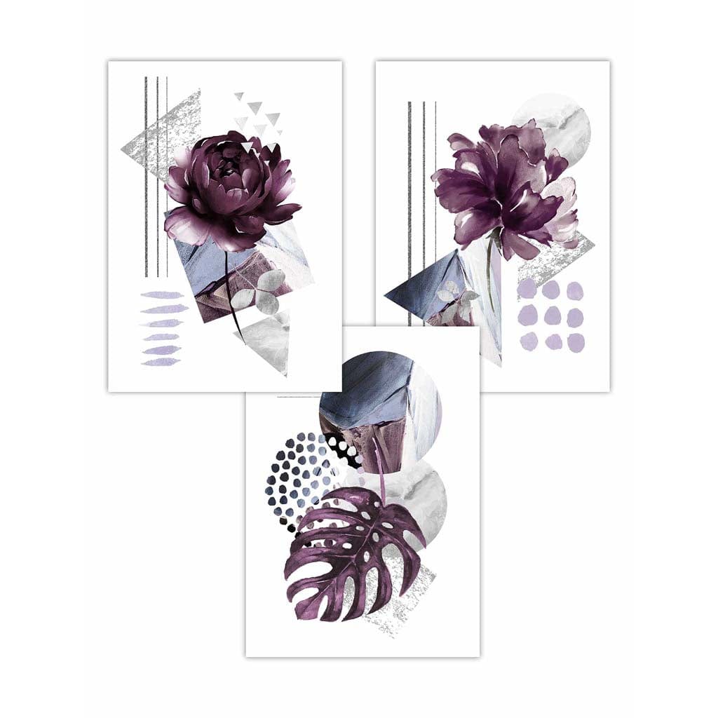 Moderne sett med 3 veggkunstverk med lilla og sølvgrå blomstermotiver