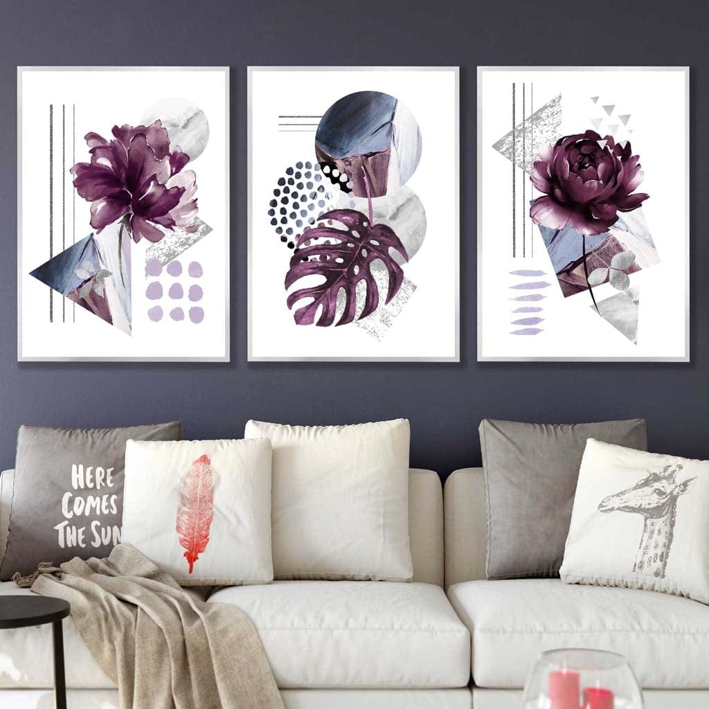 Moderne sett med 3 veggkunstverk med lilla og sølvgrå blomstermotiver