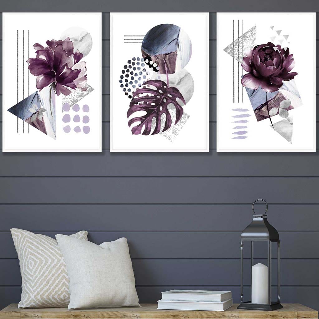 Moderne sett med 3 veggkunstverk med lilla og sølvgrå blomstermotiver