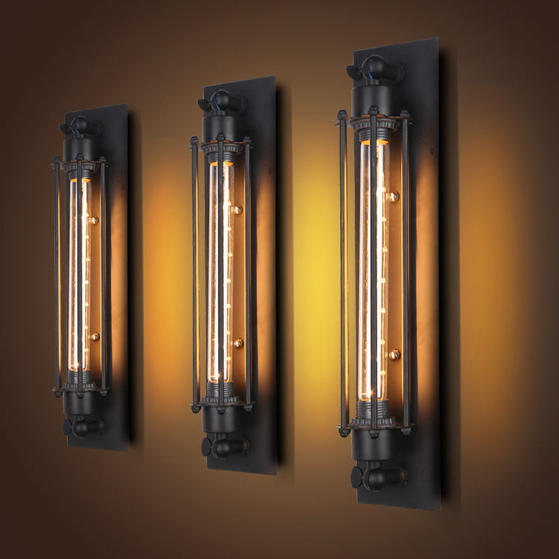 Rørformet jern veggmontert lys industriell 1 pære korridor vegglampe i svart | Skanto
