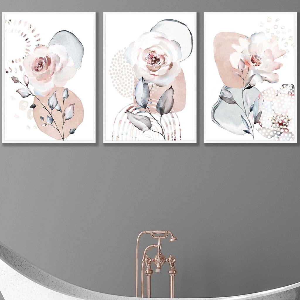 Abstrakte kunsttrykk med blomster i rosa og grått