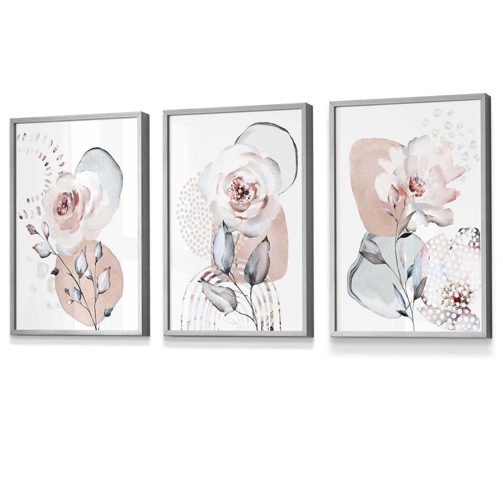 Abstrakt, rosa og grå blomsterveggkunst med rammer