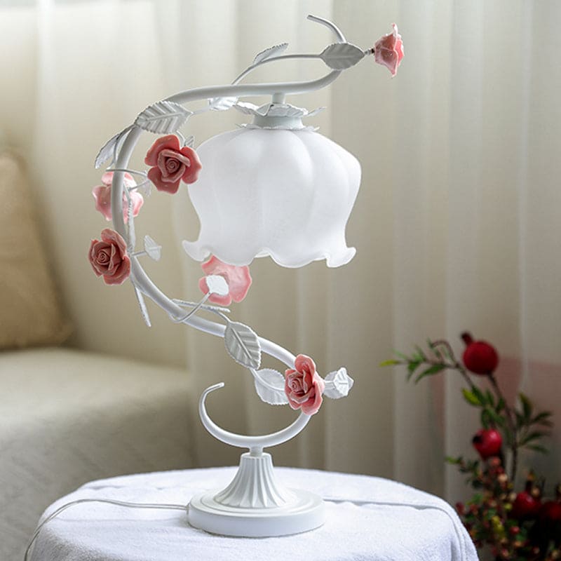 RoseLux - Håndlaget keramisk rose bordlampe | Pastoralt stil atmosfærisk belysning | Skanto