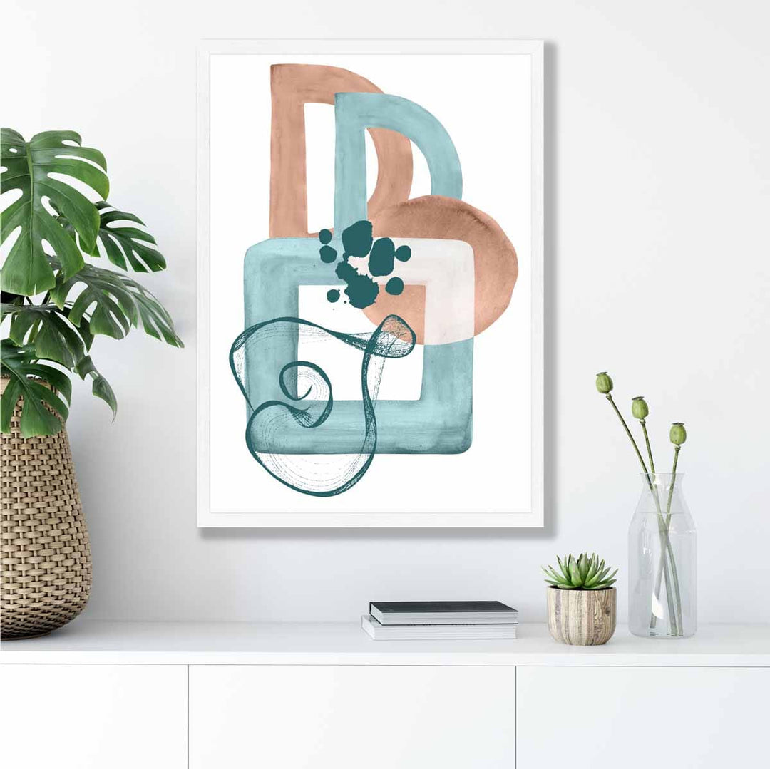 Abstrakt veggplakat i akvablått og beige nr. 1